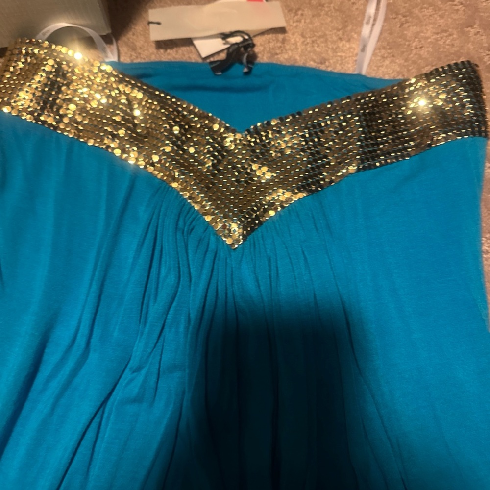Sky Teal Tank Top with Gold Sequin Trim